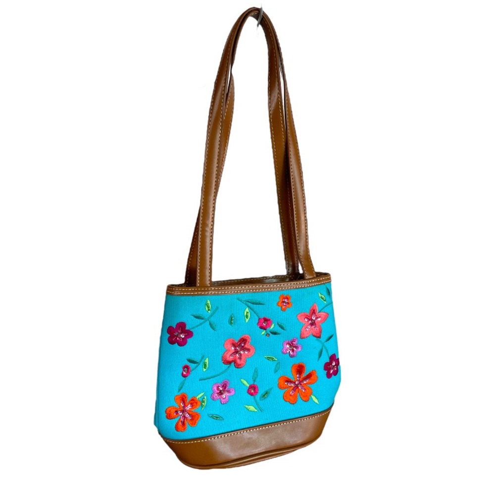 Liz Claiborne VTG Blue Floral Embroidered Shoulder Bag